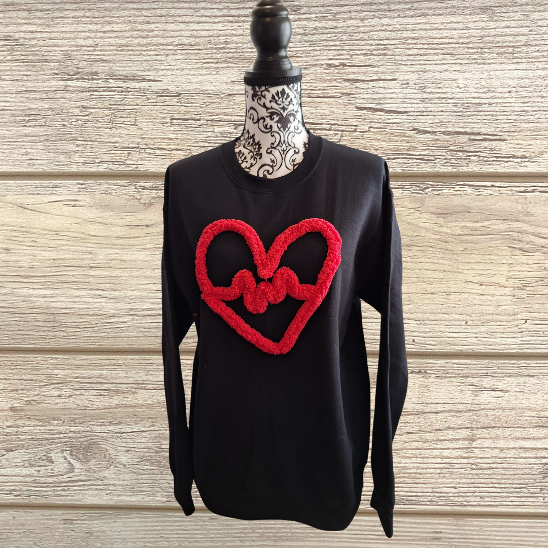 Heart & Heartbeat Chenille Embroidered Sweatshirt – Cozy Valentine’s Day Pullover